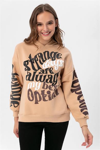 Kadın Baskı Detaylı Kapüşonlu Üç İplik Oversize Sweatshirt 235006 -
