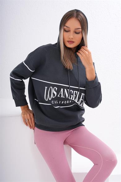 Kadın Baskı Detaylı Kapüşonlu Üç İplik Sweatshirt 255030 -