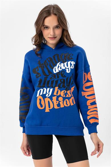 Kadın Baskı Detaylı Kapüşonlu Üç İplik Oversize Sweatshirt 235006 -