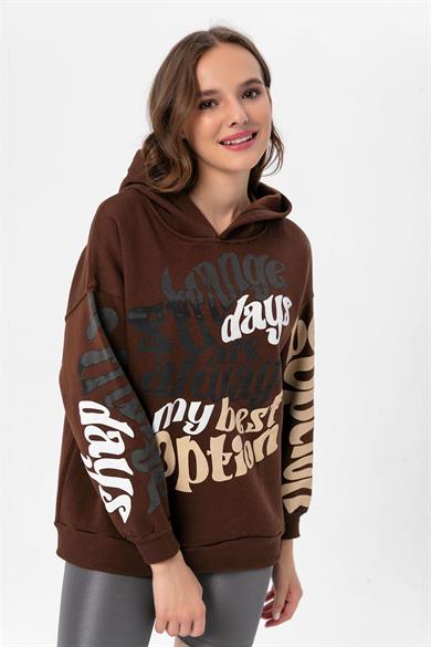Kadın Baskı Detaylı Kapüşonlu Üç İplik Oversize Sweatshirt 235006 -