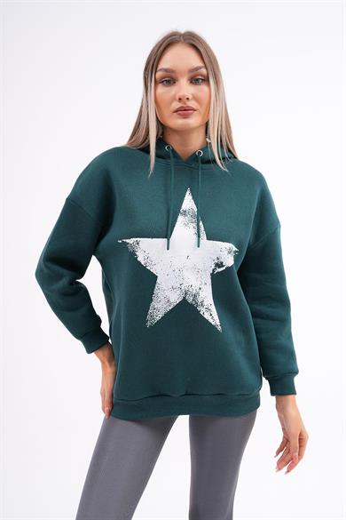 Kadın Baskı Detaylı Kapüşonlu Üç İplik Sweatshirt 255033 -