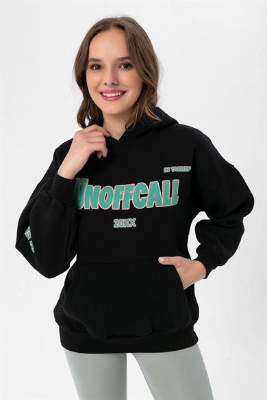 Kadın Baskı Detaylı Kapüşonlu Üç İplik Oversize Sweatshirt 235007 -