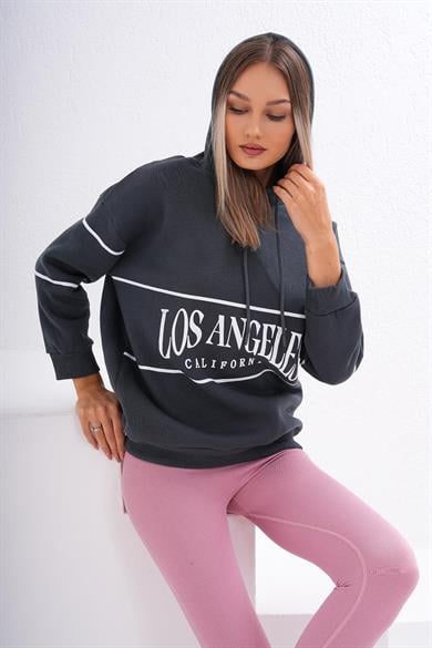 Kadın Baskı Detaylı Kapüşonlu Üç İplik Sweatshirt 255030 -