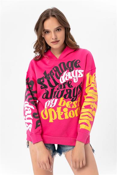 Kadın Baskı Detaylı Kapüşonlu Üç İplik Oversize Sweatshirt 235006 -