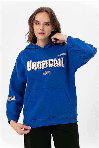 Kadın Baskı Detaylı Kapüşonlu Üç İplik Oversize Sweatshirt 235007 -