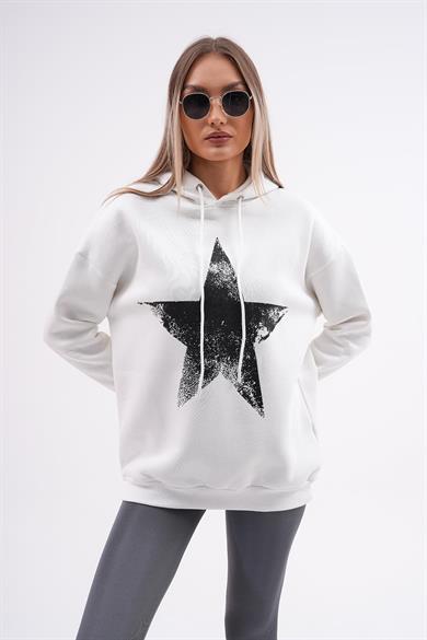 Kadın Baskı Detaylı Kapüşonlu Üç İplik Sweatshirt 255033 -