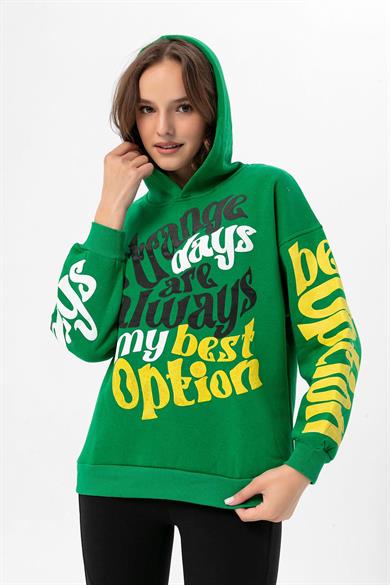 Kadın Baskı Detaylı Kapüşonlu Üç İplik Oversize Sweatshirt 235006 -
