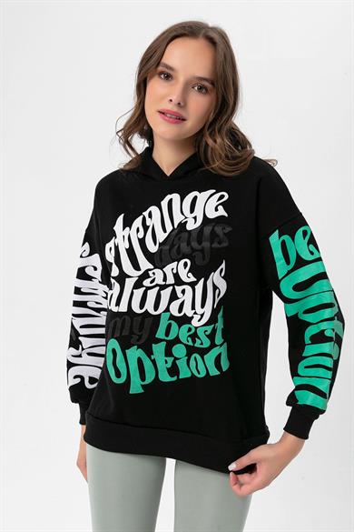 Kadın Baskı Detaylı Kapüşonlu Üç İplik Oversize Sweatshirt 235006 -