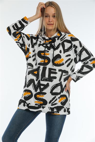Kadın Baskı Detaylı Kapüşonlu Uzun Sweatshirt