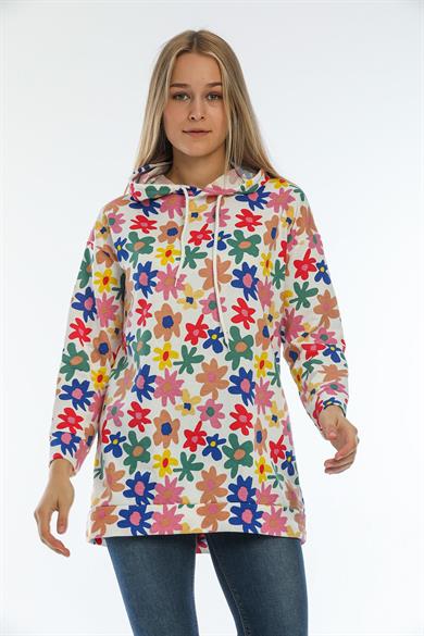 Kadın Baskı Detaylı Kapüşonlu Uzun Sweatshirt