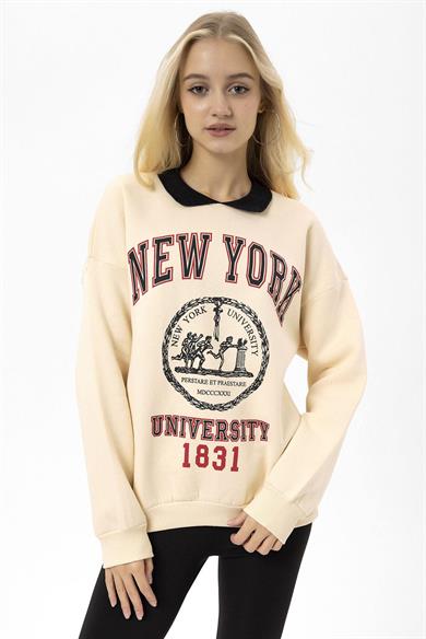 Kadın Baskı Detaylı Polo Yaka Sweatshirt