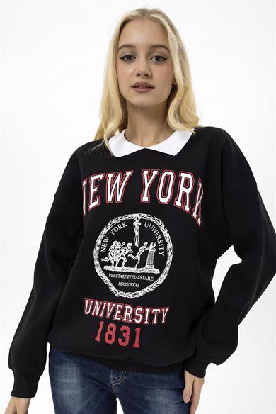 Kadın Baskı Detaylı Polo Yaka Sweatshirt