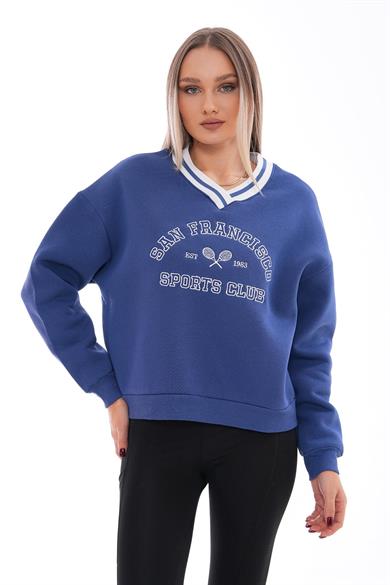 Kadın Baskı Detaylı V Yaka Üç İplik Sweatshirt 245303 -