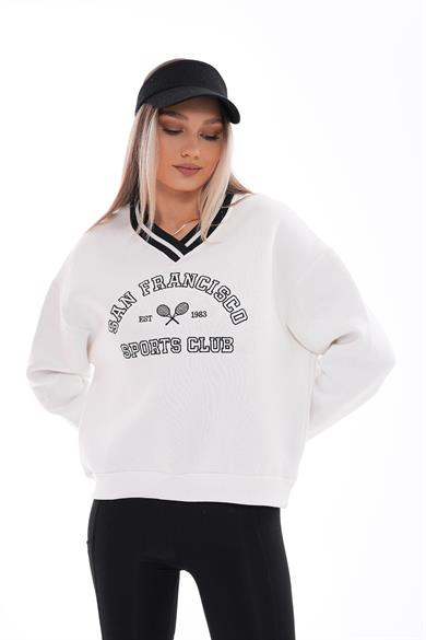 Kadın Baskı Detaylı V Yaka Üç İplik Sweatshirt 245303 -