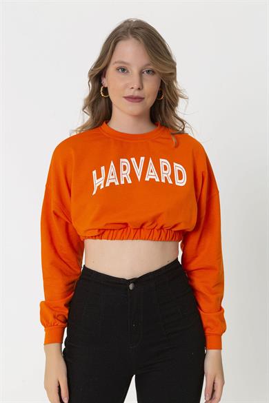 Kadın Baskılı Altı Lastikli Kısa Sweatshirt