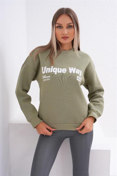 Kadın Baskılı Bisiklet Yaka Üç İplik Sweatshirt 255031 -