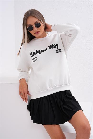 Kadın Baskılı Bisiklet Yaka Üç İplik Sweatshirt 255031 -
