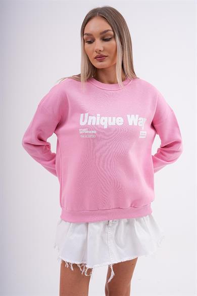 Kadın Baskılı Bisiklet Yaka Üç İplik Sweatshirt 255031 -
