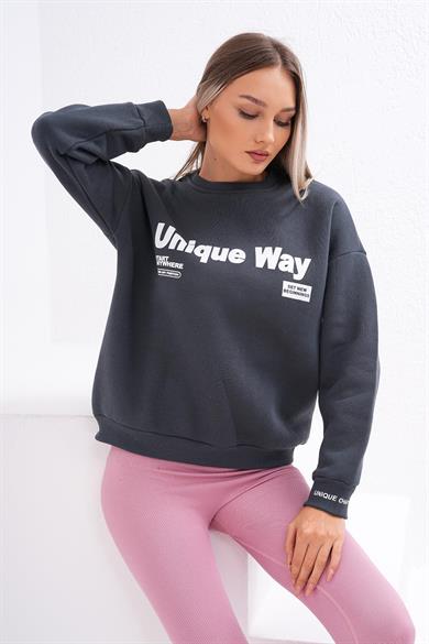 Kadın Baskılı Bisiklet Yaka Üç İplik Sweatshirt 255031 -
