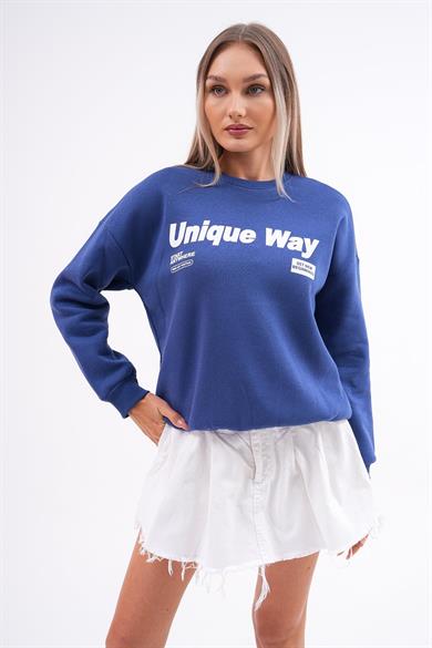 Kadın Baskılı Bisiklet Yaka Üç İplik Sweatshirt 255031 -