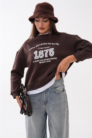 Kadın Baskılı Çift Görünümlü Bisiklet Yaka Sweatshirt 265127 -