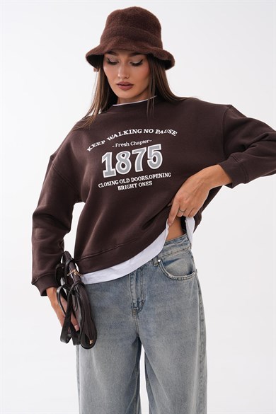 Kadın Baskılı Çift Görünümlü Bisiklet Yaka Sweatshirt 265127 -