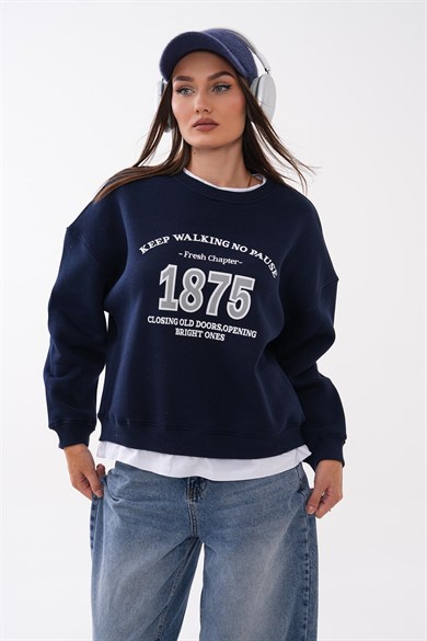 Kadın Baskılı Çift Görünümlü Bisiklet Yaka Sweatshirt 265127 -
