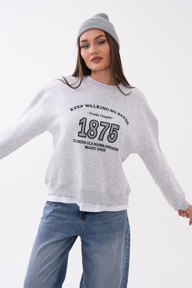 Kadın Baskılı Çift Görünümlü Bisiklet Yaka Sweatshirt 265127 -