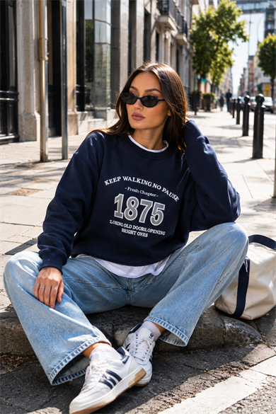 Kadın Baskılı Çift Görünümlü Bisiklet Yaka Sweatshirt 265127 -
