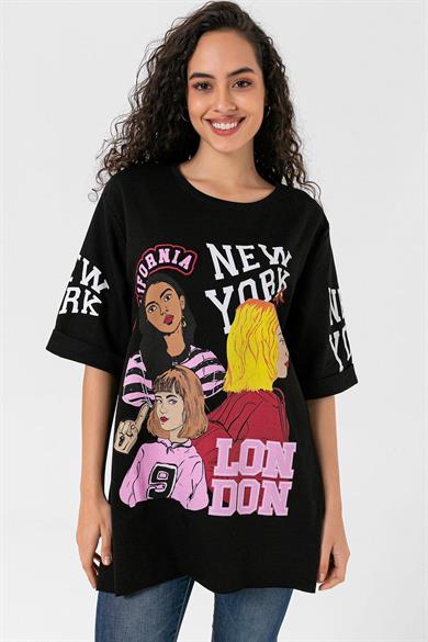 Kadın Baskılı Duble Kol Yırtmaçlı Bisiklet Yaka Kısa Kol Oversize Sweatshirt
