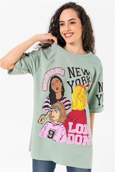 Kadın Baskılı Duble Kol Yırtmaçlı Bisiklet Yaka Kısa Kol Oversize Sweatshirt