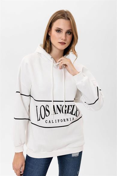 Kadın Baskılı Kapüşonlu Üç İplik Oversize Sweatshirt