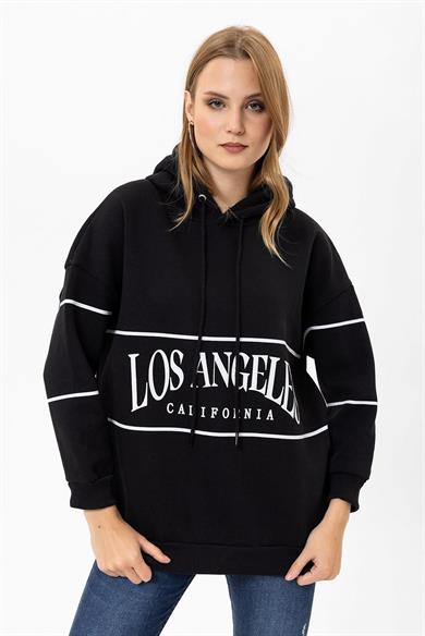 Kadın Baskılı Kapüşonlu Üç İplik Oversize Sweatshirt