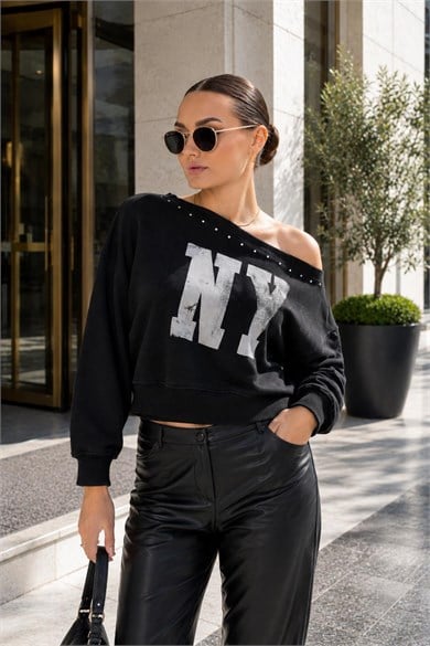 Kadın Baskılı Taş Detaylı Kayık Yaka Sweatshirt 265141 -