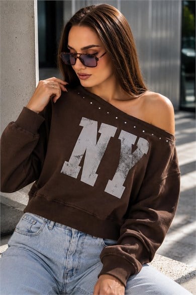 Kadın Baskılı Taş Detaylı Kayık Yaka Sweatshirt 265141 -