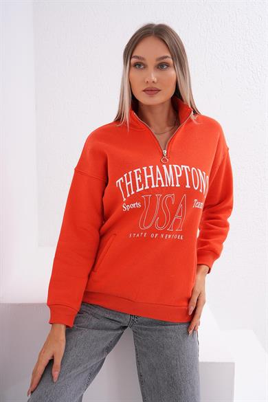 Kadın Baskılı Yaka Yarım Fermuarlı Cep Detaylı Üç İplik Sweatshirt 245274 -