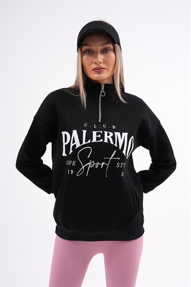 Kadın Baskılı Yaka Yarım Fermuarlı Cep Detaylı Üç İplik Sweatshirt 245129 -