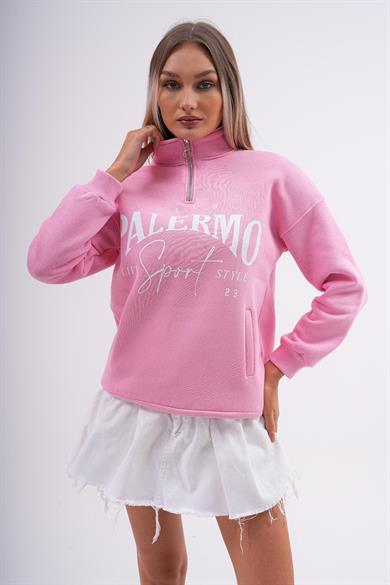 Kadın Baskılı Yaka Yarım Fermuarlı Cep Detaylı Üç İplik Sweatshirt 245129 -