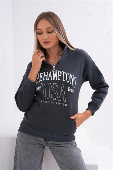 Kadın Baskılı Yaka Yarım Fermuarlı Cep Detaylı Üç İplik Sweatshirt 245274 -