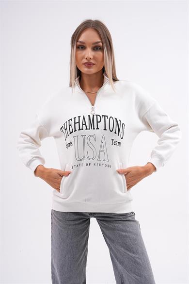 Kadın Baskılı Yaka Yarım Fermuarlı Cep Detaylı Üç İplik Sweatshirt 245274 -