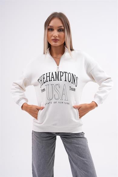Kadın Baskılı Yaka Yarım Fermuarlı Cep Detaylı Üç İplik Sweatshirt 245274 -