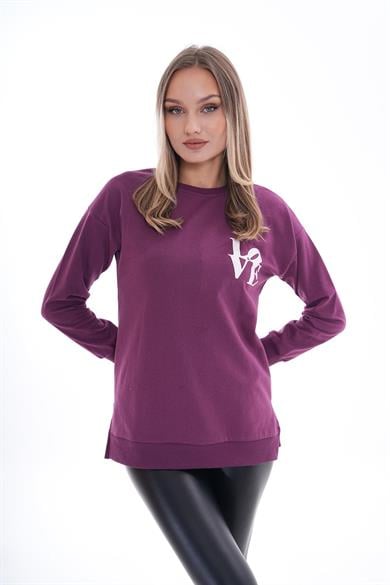 Kadın Baskılı Yan Yırtmaç Detaylı Bisiklet Yaka İki İplik Sweatshirt 255037 -