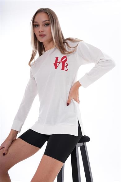 Kadın Baskılı Yan Yırtmaç Detaylı Bisiklet Yaka İki İplik Sweatshirt 255037 -