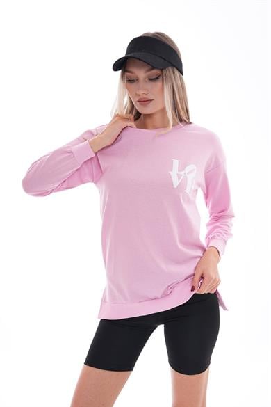 Kadın Baskılı Yan Yırtmaç Detaylı Bisiklet Yaka İki İplik Sweatshirt 255037 -