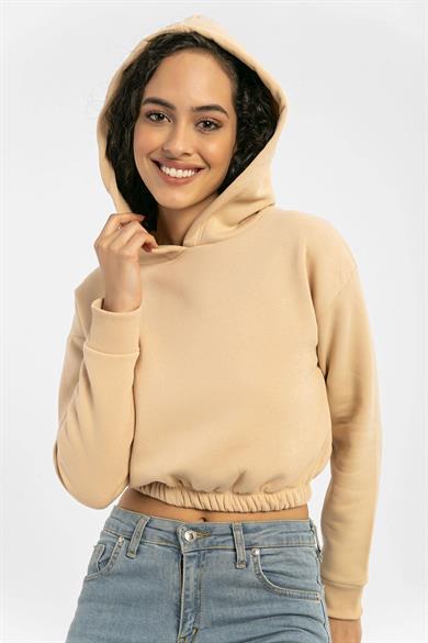 Kadın Beli Lastik Detaylı Kapüşonlu Kısa Sweatshirt