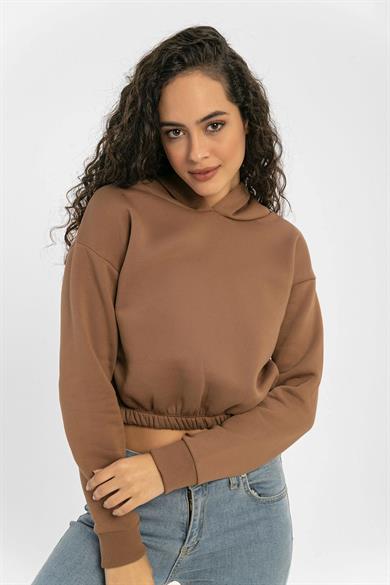 Kadın Beli Lastik Detaylı Kapüşonlu Kısa Sweatshirt