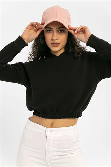 Kadın Beli Lastik Detaylı Kapüşonlu Kısa Sweatshirt