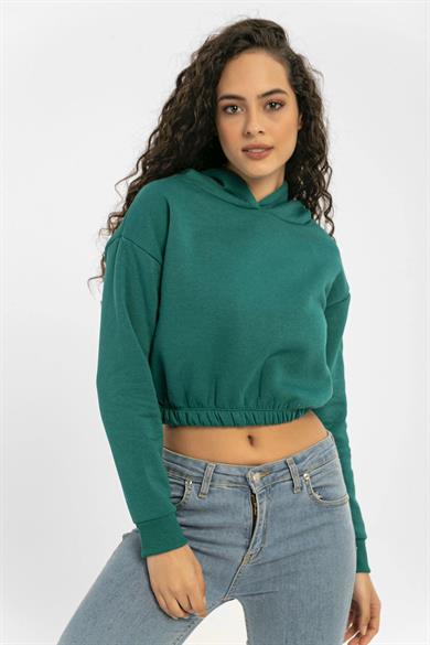 Kadın Beli Lastik Detaylı Kapüşonlu Kısa Sweatshirt