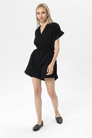 Kadın Beli Lastikli Gabardin Şortlu Tulum