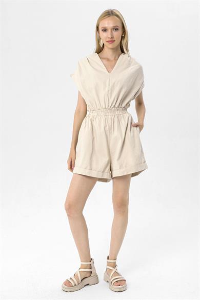 Kadın Beli Lastikli Gabardin Şortlu Tulum